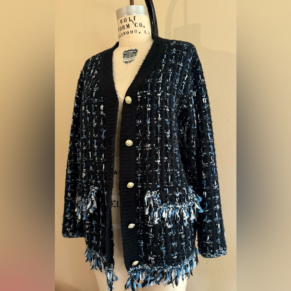 Anthropologie Tweed Fringe Cardigan Sweater